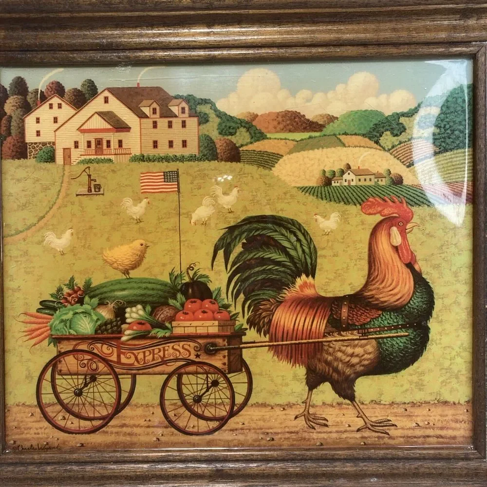 VTG Charles Wysocki Rooster Express Wood Lacquered Service Tray Wall Art Cottage